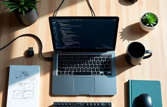 Ny hjemmeside under opbygning — laptop med kode, wireframe-skitser og kaffe på et skrivebord