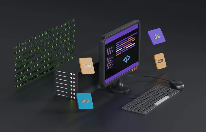 Webudvikling — kode i HTML, CSS, JavaScript og PHP på en skærm